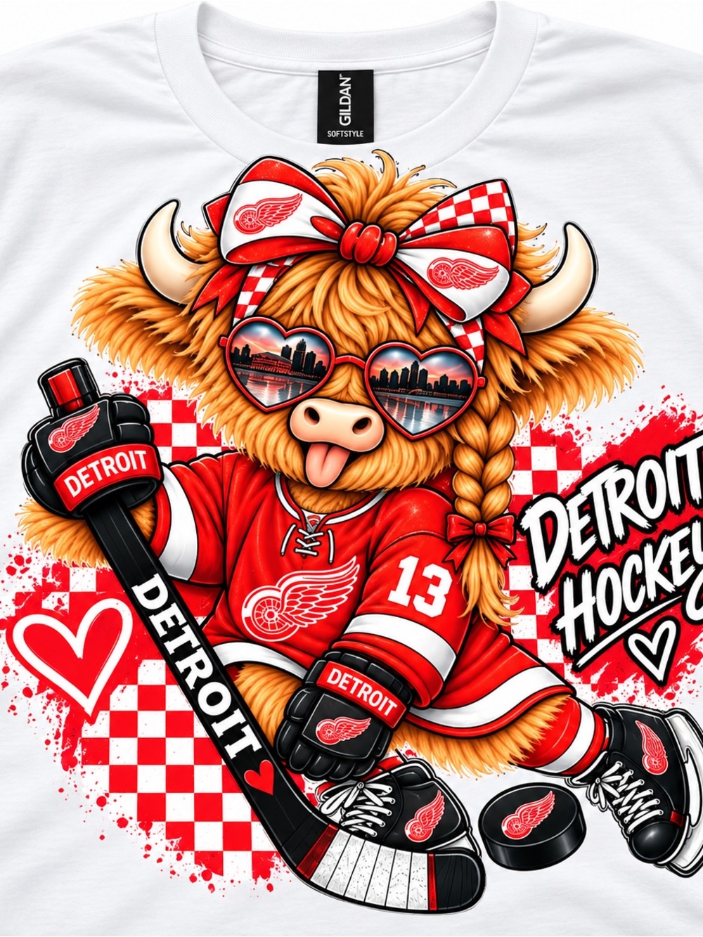Gildan White and Red Detroit Hockey Mascot Graphic Short Sleeve Tee